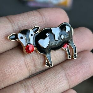 Charming Cow Brooch - Black and Red Enamel